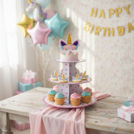 Accesorii party - Etajera din carton cu 3 nivele pentru prajituri ' Unicorn ' 2260-6