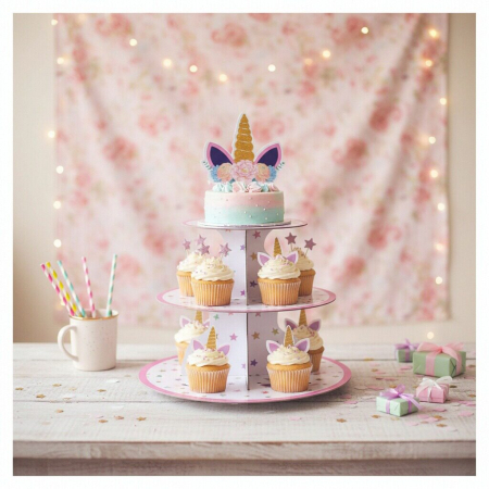 Accesorii party - Etajera din carton cu 3 nivele pentru prajituri ' Unicorn ' 2260-6