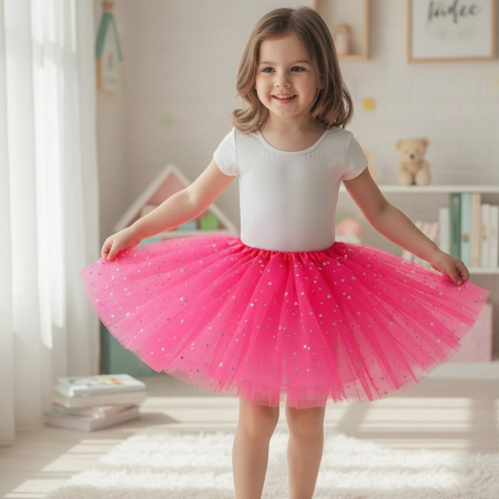 Copii - Fusta tutu balerina cu paiete stelute, din Tul MAS-002fucsia