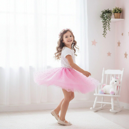 Copii - Fusta tutu balerina cu paiete stelute, din Tul MAS-002roz