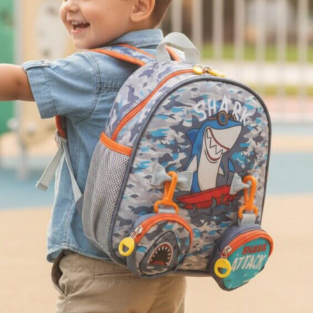 Ghiozdane - Ghiozdan pentru gradinita sau scoala cu doua pusculite atasate ZY-25127gri