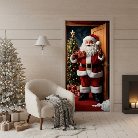 Articole pentru sărbători - Husa decorativa pentru usa, cu elastic, model Craciun 100 x 220 cm 6220-2537