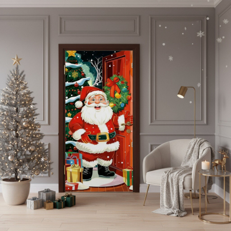 Articole pentru sărbători - Husa decorativa pentru usa, cu elastic, model Craciun 100 x 220 cm 6220-2539