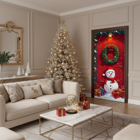 Articole pentru sărbători - Husa decorativa pentru usa, cu elastic, model Craciun 100 x 220 cm 6220-2540