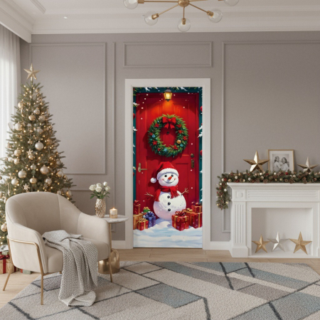 Articole pentru sărbători - Husa decorativa pentru usa, cu elastic, model Craciun 100 x 220 cm 6220-2540