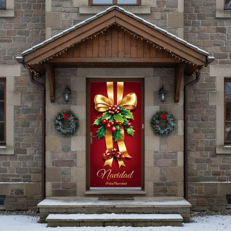 Articole pentru sărbători - Husa decorativa pentru usa, cu elastic, model Craciun 100 x 220 cm 6220-2541