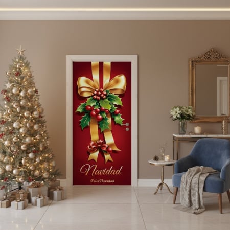 Articole pentru sărbători - Husa decorativa pentru usa, cu elastic, model Craciun 100 x 220 cm 6220-2541