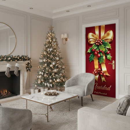 Articole pentru sărbători - Husa decorativa pentru usa, cu elastic, model Craciun 100 x 220 cm 6220-2541
