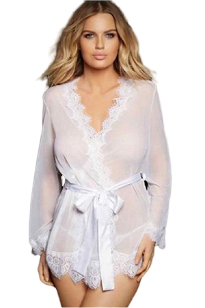 Halate - Set lenjerie erotica, halat, chiloti tanga si cordon din dantela, YMR-6011ALB