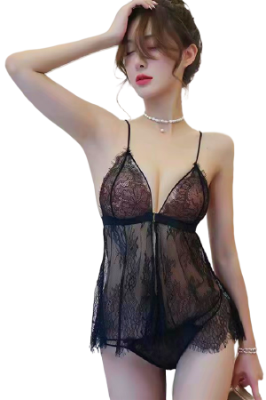 Lenjerie erotică - Set lenjerie erotica, chiloti tanga si camasa de noapte cu dantela yml-1074negru