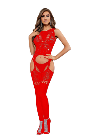 Lenjerie erotică - Lenjerie erotica tip bodystocking accesorizata cu strasuri DLS-92224rosu