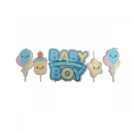 Lumânări tort - Set 5 lumanari aniversare pentru tort ' Happy B'day Baby Boy ' 5 cm LZ2666