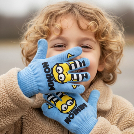 Accesorii copii - Manusi tricotate „ Minions ” HQ4307albastru deschis