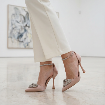 Damă - Pantofi eleganti cu aspect satin si toc piramidal A23-625sampanie