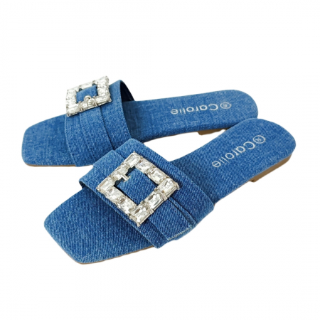 Papuci - Papuci cu aplicatii cristale decorative F23albastru denim