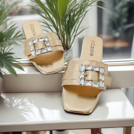 Papuci - Papuci cu aplicatii cristale decorative F23sampanie
