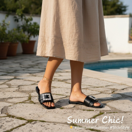 Papuci - Papuci cu aplicatii cristale decorative F23negru