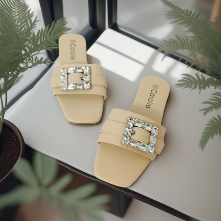 Papuci - Papuci cu aplicatii cristale decorative F23bej