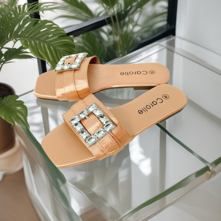 Papuci - Papuci cu aplicatii cristale decorative F25sampanie