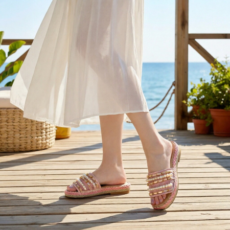 ÎNCĂLȚĂMINTE DAMĂ 29.99 - Papuci cu aplicatii decorative A22-150roz