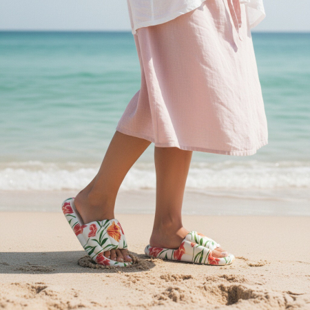 Încălțăminte damă - Papuci cu motiv floral H676alb