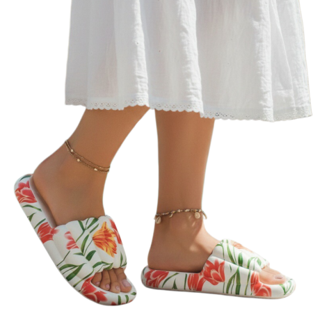 Încălțăminte damă - Papuci cu motiv floral H676alb