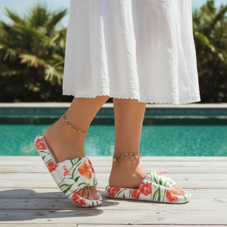 Încălțăminte damă - Papuci cu motiv floral H676alb