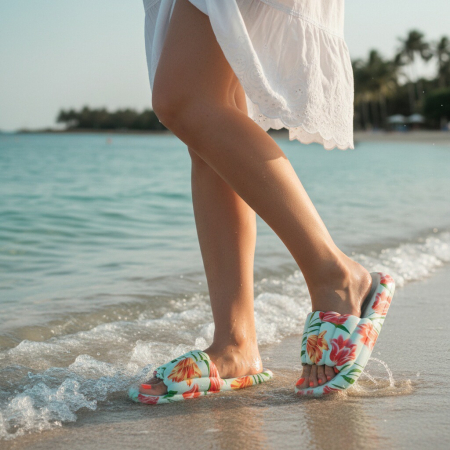 Încălțăminte damă - Papuci cu motiv floral H676albastru