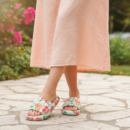 Încălțăminte damă - Papuci cu motiv floral H676albastru