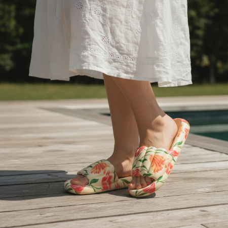 Încălțăminte damă - Papuci cu motiv floral H676bej