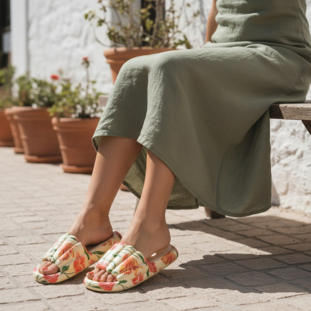 Încălțăminte damă - Papuci cu motiv floral H676bej