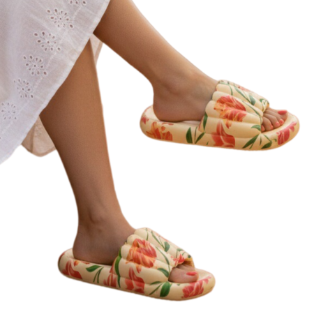 Încălțăminte damă - Papuci cu motiv floral H676bej