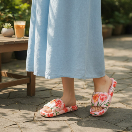 Încălțăminte damă - Papuci cu motiv floral H676roz