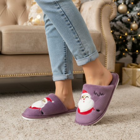 Încălțăminte damă - Papuci de casa cu motive Craciun L690mov