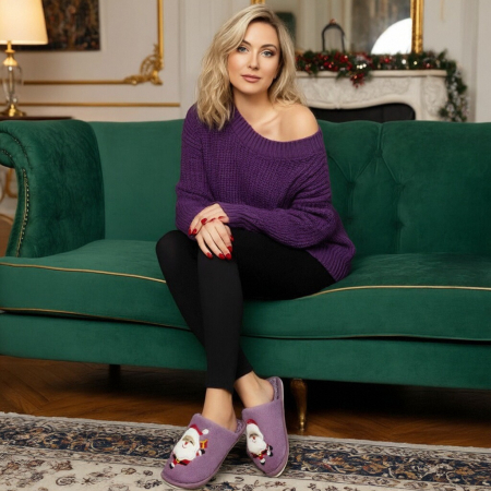 Încălțăminte damă - Papuci de casa cu motive Craciun L765mov