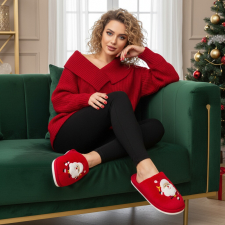 Papuci de casa cu motive Craciun L765rosu [6]