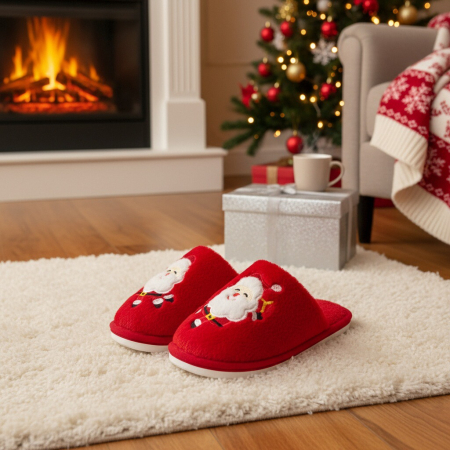 Papuci de casă - Papuci de casa cu motive Craciun L765rosu