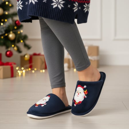 Damă - Papuci de casa cu motive Craciun L765bleumarin