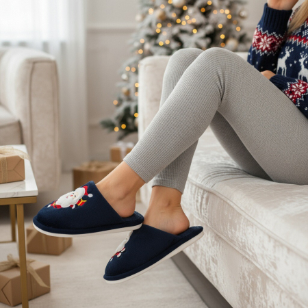 Damă - Papuci de casa cu motive Craciun L765bleumarin