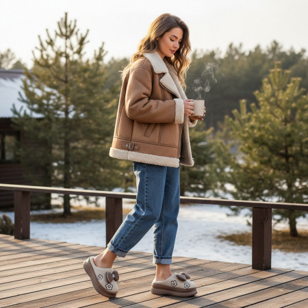 Papuci de casă - Papuci de casa pufosi L736crem