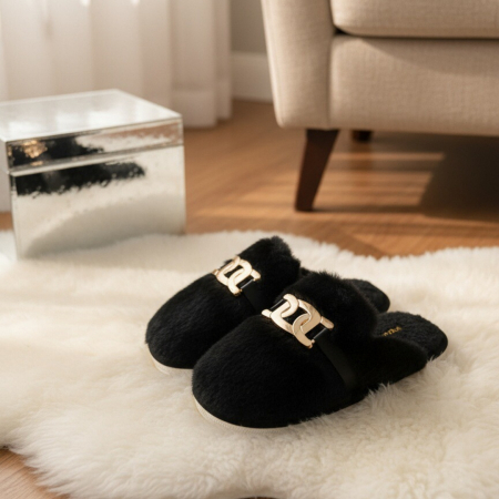 Damă - Papuci de casa pufosi A-648negru