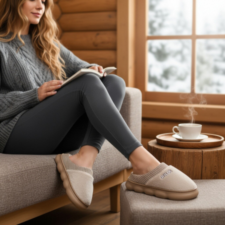 Papuci de casă - Papuci de casa pufosi A-821bej