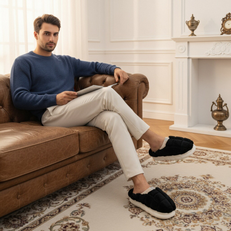 Papuci de casa pufosi D308negru [6]