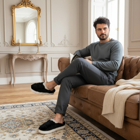 Papuci de casă - Papuci de casa pufosi D308negru