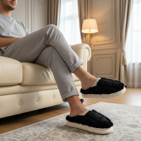 Papuci de casă - Papuci de casa pufosi D308negru