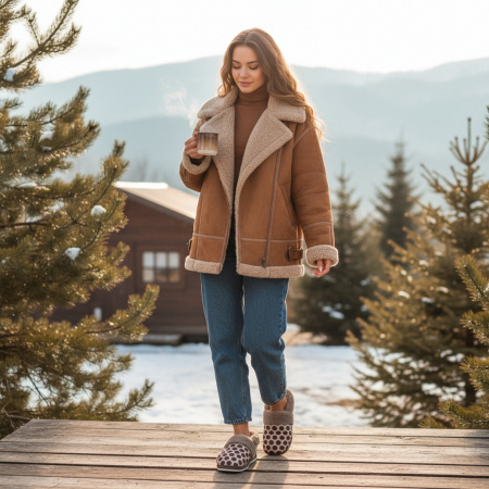 Papuci de casă - Papuci de casa pufosi L605maro