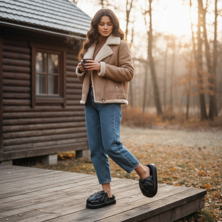 Damă - Papuci de casa pufosi L673negru