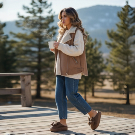 Papuci de casă - Papuci de casa pufosi L735maro