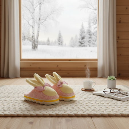 Damă - Papuci de casa pufosi, model Iepuras L633galben