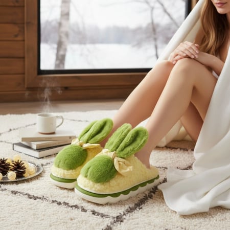 Papuci de casă - Papuci de casa pufosi, model Iepuras L633verde